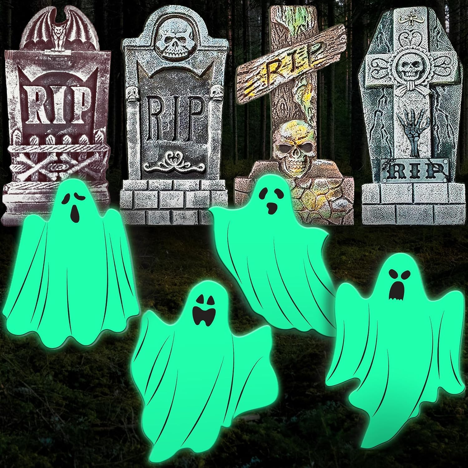 Yard Signs - Halloween Decor Outdoor, 8 Pack Tombstone & Glow in The Dark Ghost Yard Decorations, Waterproof RIP Gravestone with Stakes, Scary Outdoor Halloween Decorations for Cemetery Yard Lawn Garden