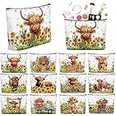 Reginary 12 Pcs Highland Cow Makeup Bags Sunflower Cow Cosmetic Bags with Zippers Floral Pouch Bulk Appreciation Gifts for Teacher Women Christmas Wedding Birthday Travel Party Supplies