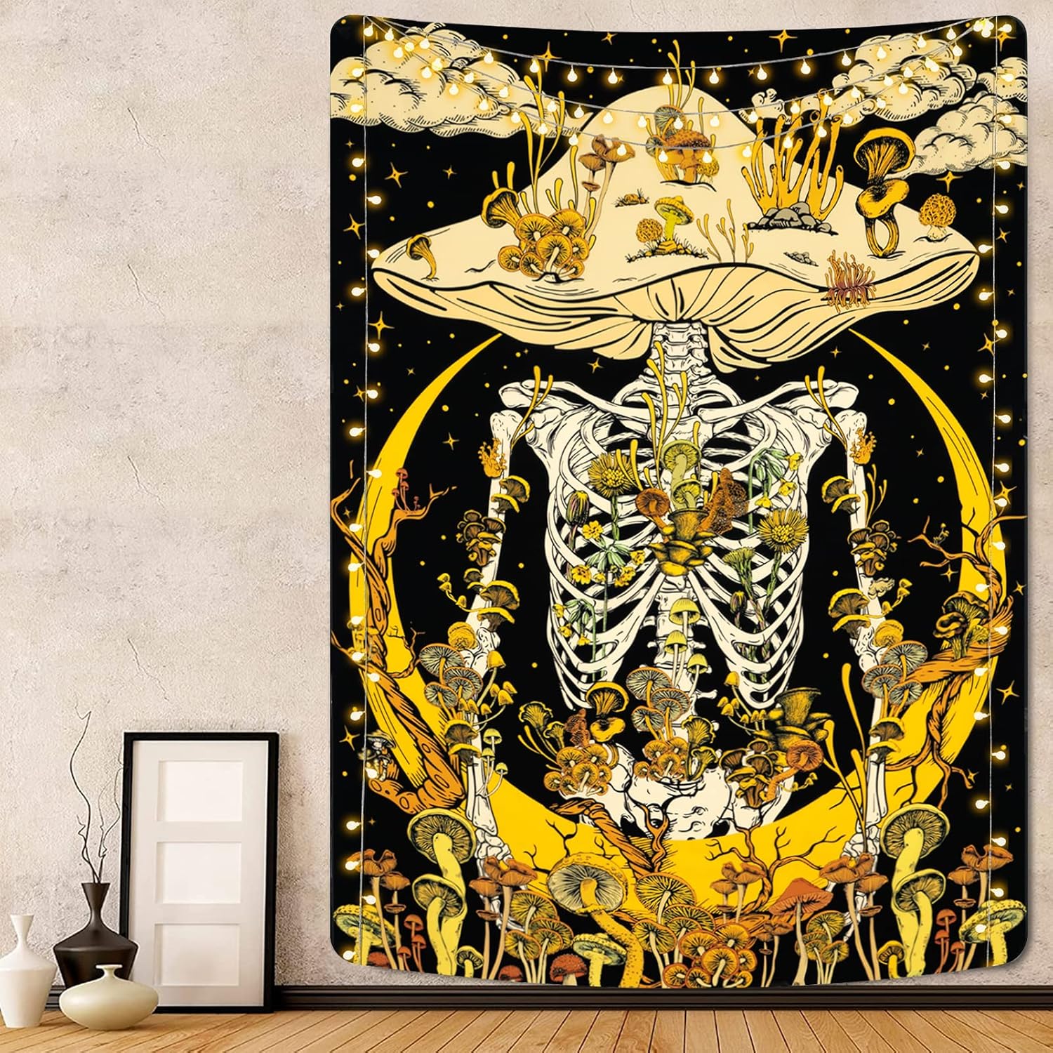 Tapestries - Lyacmy Mushroom Skeleton Tapestry Moon Tapestries Hippie Plants Tapestry Starry Sky Cloud Tapestry Vertical Vines Tapestry Wall Hanging for Room (51.2 x 59.1 inches)