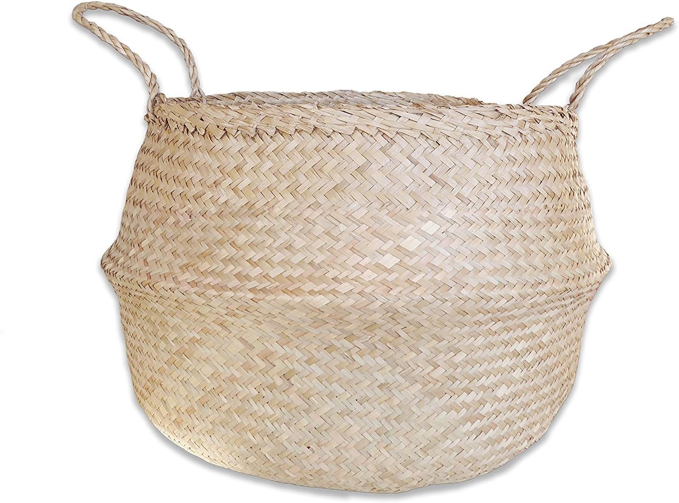 LARGE (17"x14") collapsible seagrass tote belly basket with handles, Natural