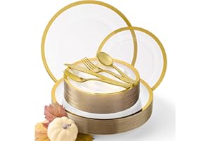 By Madee HEAVYWEIGHT Thanksgiving Plastic Plates and Cutlery | Clear and Gold Plastic Plates Thanksgiving Dinnerware Sets + Gift of 3D Butterflies for Table Decor (150 Pcs for 25 Guests)