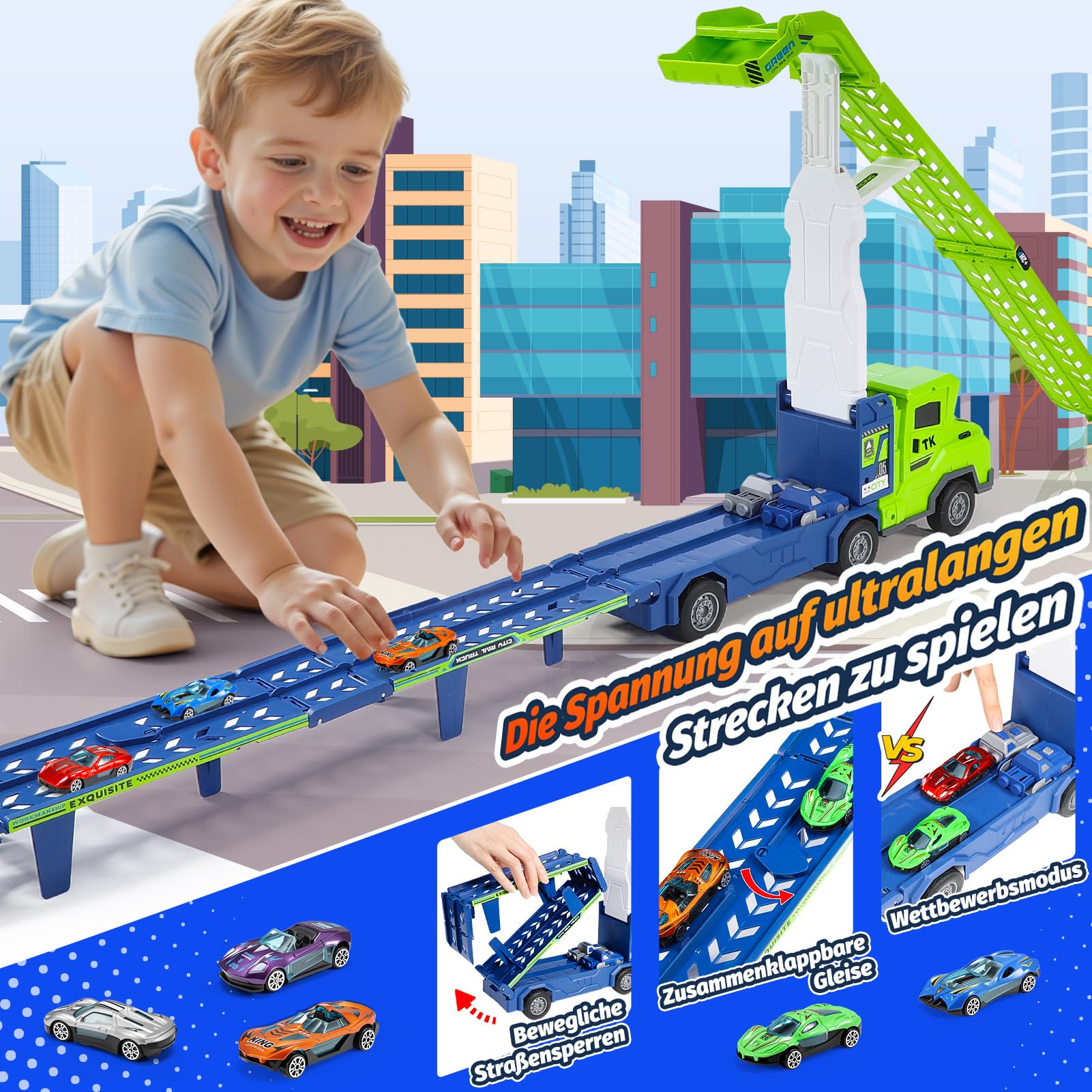Kinderspielzeug ab 3 4 5 6 7 8 Jahre,LKW Transporter Truck Geschenk Junge 2-6 Jahre Faltbare Rennbahn Truck Spielzeug ab 6 7 8 Jahre Truck Spielzeugauto Kinder Geburtstagsgeschenk Junge 3-8 Jahre 5