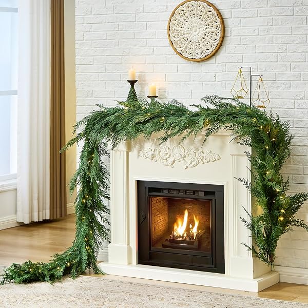 CHRISTMAS CEDAR GARLAND REALISTIC WITH LIGHTS – CYPRESS DECORATIONS 12FT FOR MANTLE LIGHTED FAUX PINE GARLANDS FOR XMAS HOME DECORATION INDOOR STAIRS RAILING FIREPLACE 12 FT OUTDOOR PRELIT DOOR DECOR