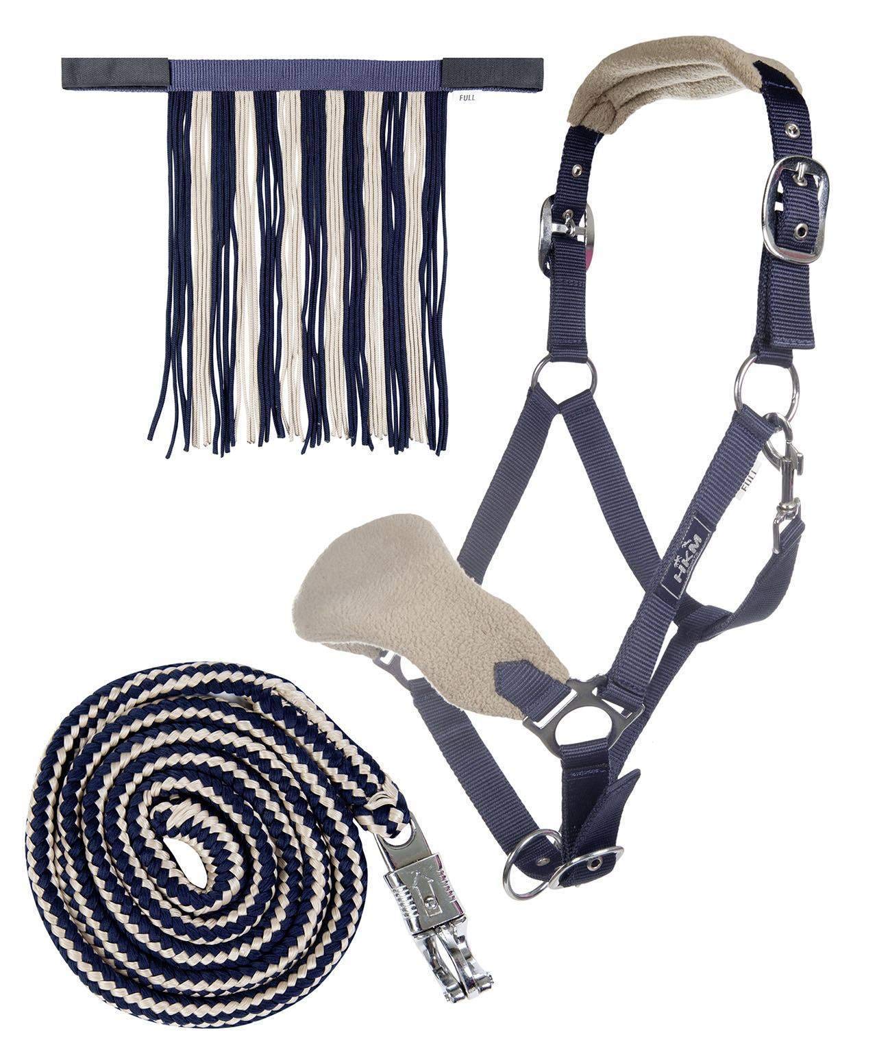 HKM 10734 Halter Set, Halter Fly Fringe Knitted 180 cm Panic Hook, Dark Blue/Beige, Pony — image 1