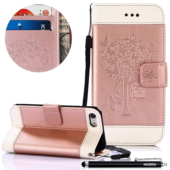 HUDDU Rose Gold Handyhülle Kompatibel mit Samsung Galaxy S7 Schmetterling Muster Hülle PU Leder Tasche Wallet Case Cover Flip