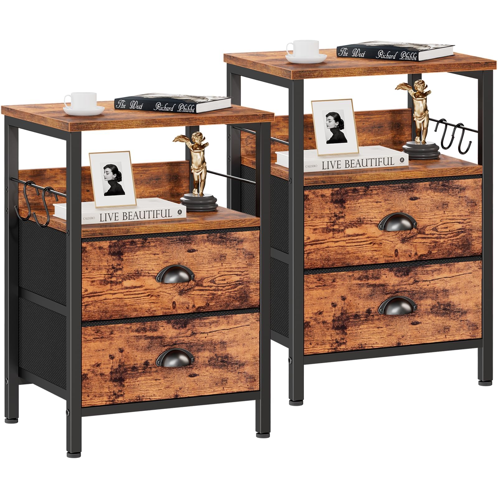 Photo 1 of Furologee Night Stand Set of 2, Nightstand with 2 Fabric Drawers, Bed Side Table with Open Shelf, Wooden Top, Hooks, Backboard Design, End Table for Bedroom, Study, Hallway, Brown