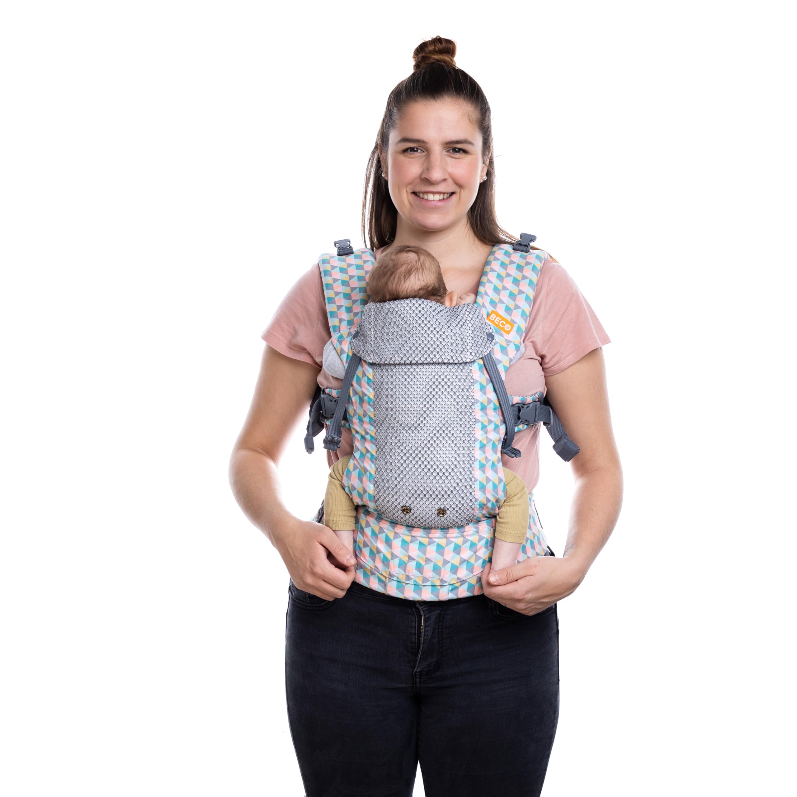Beco Gemini Baby Carriers from Newborn to Toddler - Certified Ergonomic Newborn Baby Carrier for Infants and Children of 7-35 lbs - M Shape, Adjustable Seat, Breathable 3D Mesh (Cool Grey Geometric)