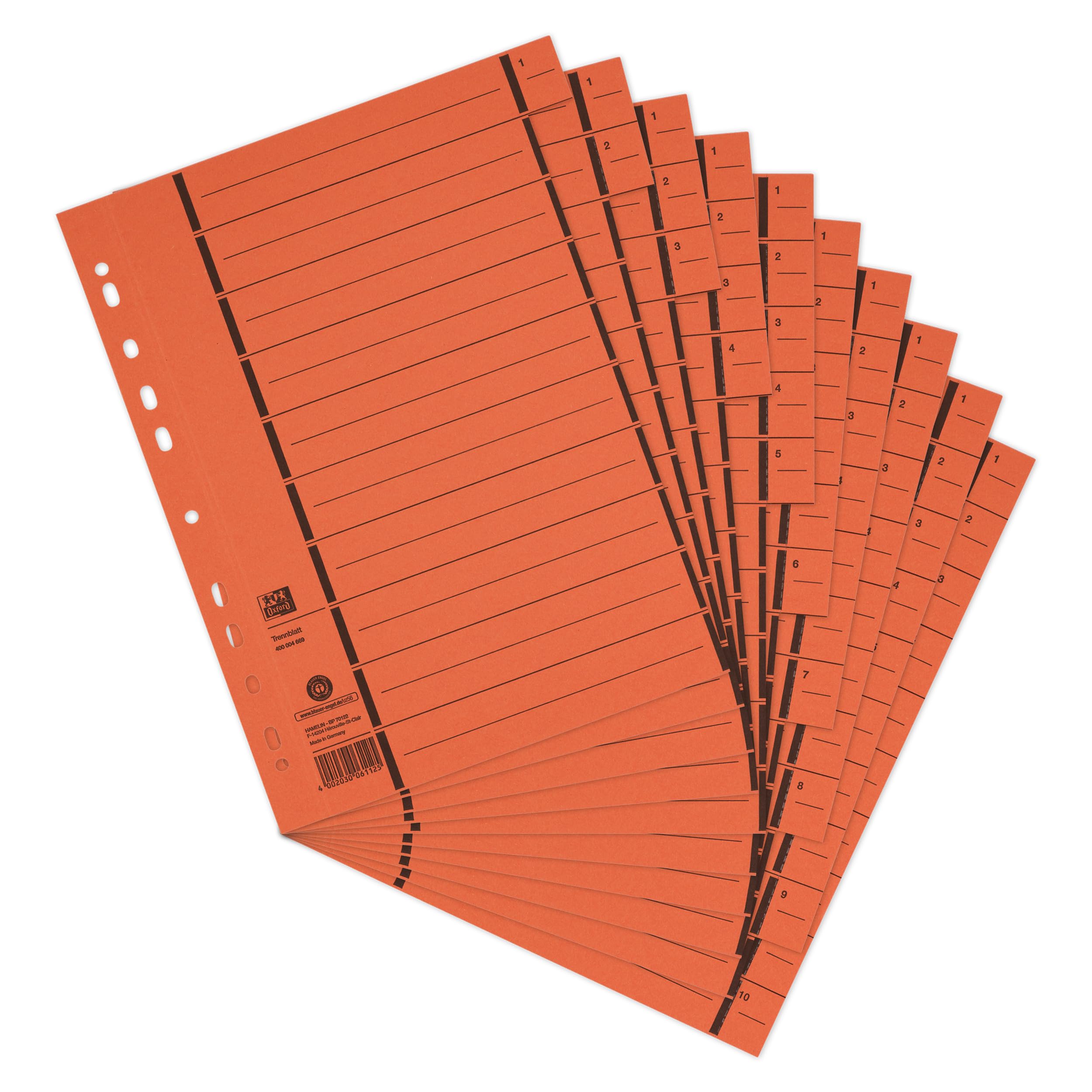 Elba 06456OG Reference Dividers Perforated Numbered 1-10 Lined Imprint Recycled Cardboard Pack of 100 Orange