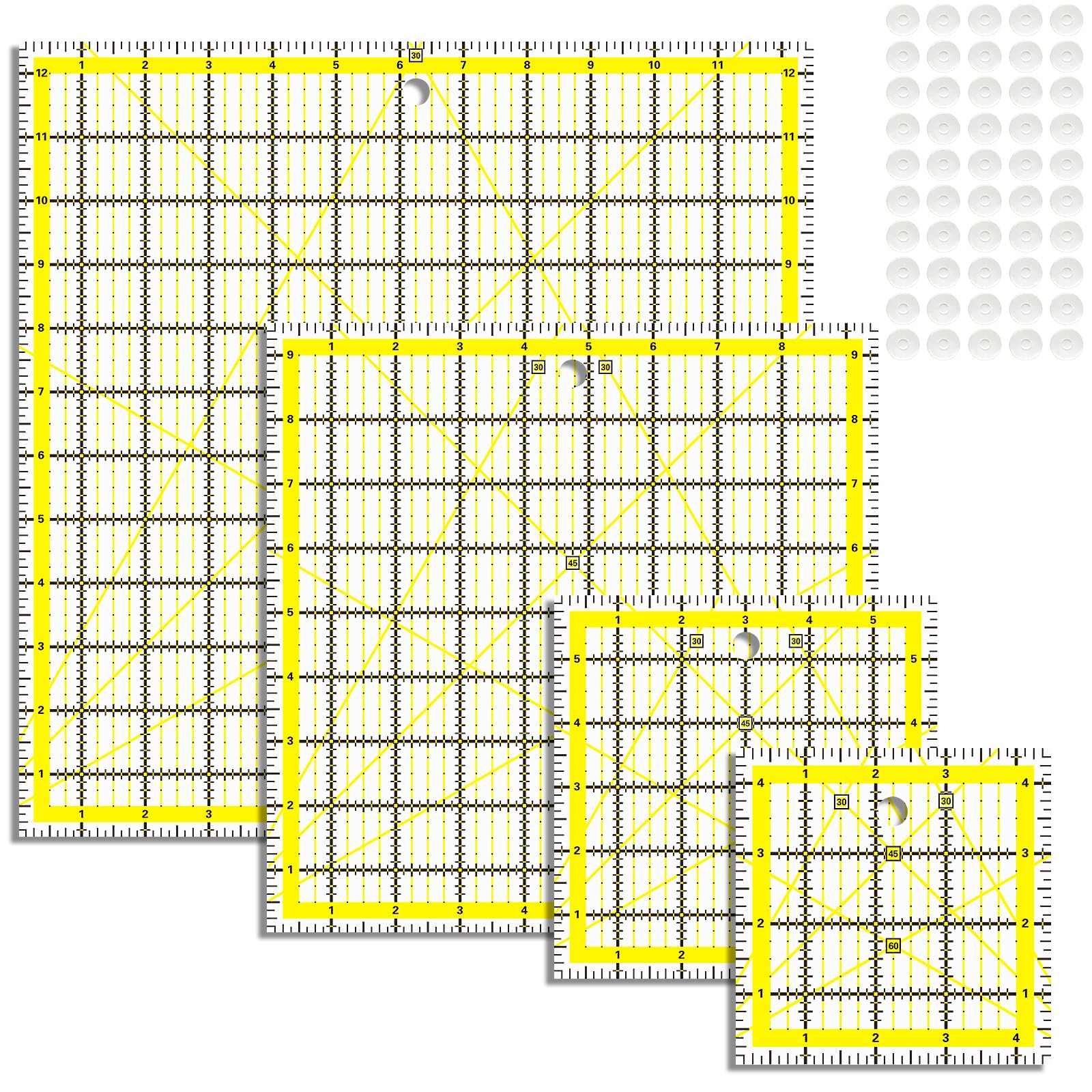 VPVPV 4 Piece Quilting Ruler,Acrylic Square Ruler,Quilting Templates,with Non Slip Rings 25 Pieces（4.5“X4.5”、6“X6”、9.5“X9.5”、12.5“X12.5”）