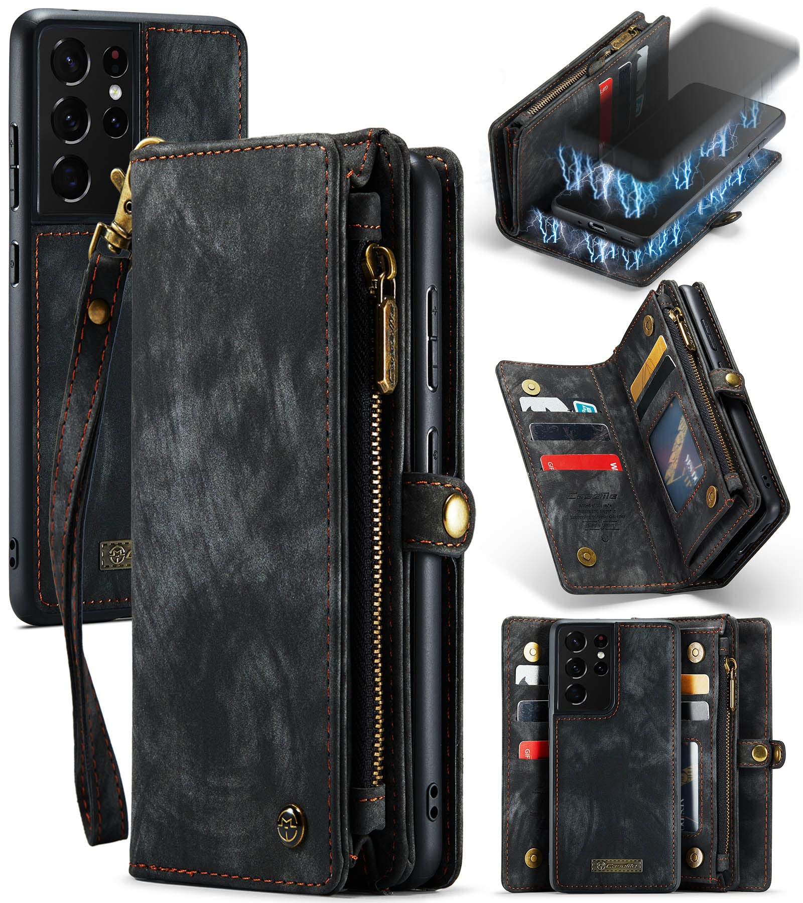 UFinetech 2-in-1 Samsung Galaxy S21 Ultra Case Wallet TPU Leather Design Flip Magnetic Slot Card Holder Zipper Stylish Luxury 2021 Detachable Purse Cover Holster for Samsung Galaxy S21 Ultra 5G Black