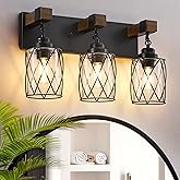Farmhouse Bathroom Light Fixtures, 3 Light Bathroom Vanity Light with Metal and Glass Lampshade, Wood Rustic Lighting Fixture