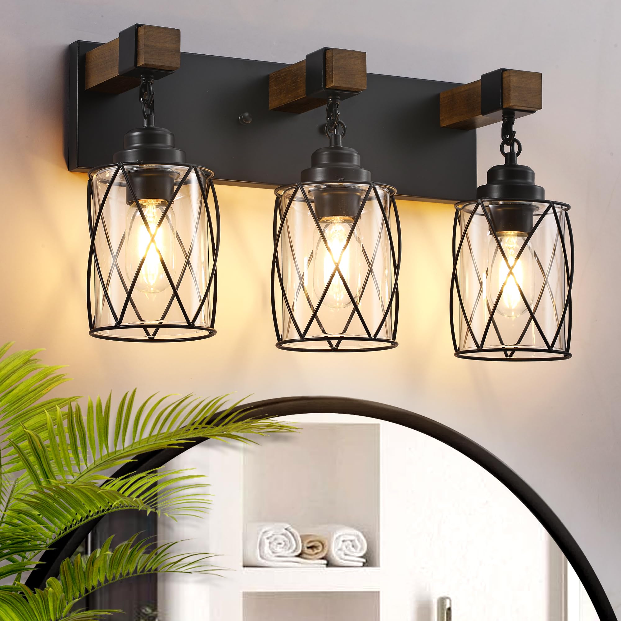 Photo 1 of Farmhouse Bathroom Light Fixtures, 3 Light Bathroom Vanity Light with Metal and Glass Lampshade, Wood Rustic Lighting Fixtures Over Mirror, Black Wall Sconces for Living Room, Bedroom
