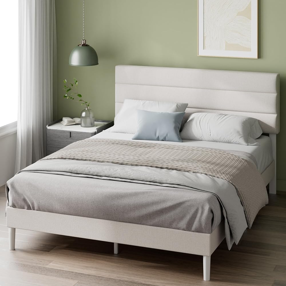 Zinus Piper Double Upholstered Bed Frame with Headboard 135 x 190 cm Off White