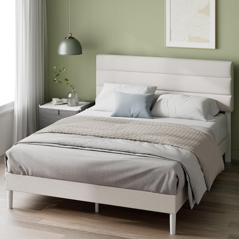 Zinus Piper Double Upholstered Bed Frame with Headboard 135 x 190 cm Off White