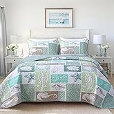 Heymybed Coastal Quilt Set King Size, Beach Coverlet Sage Green Starfish Coral Seashell Bedspread, Ocean Beach Themed Bed Cover, Microfiber Soft Lightweight Bedding Sets for All Seasons (106"×92")
