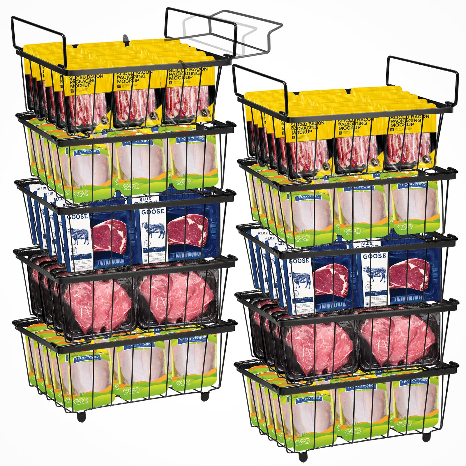 Photo 1 of 6 Pack Freezer Organizer Bins, Stackable Chest Freezer Organizer for 7 Cu.FT Deep Freezer Kitchen Counter Organizer with 4 Extendable Handles 24 Rubber Cover Metal Wire Bins for Pantry Shelf, Laundry