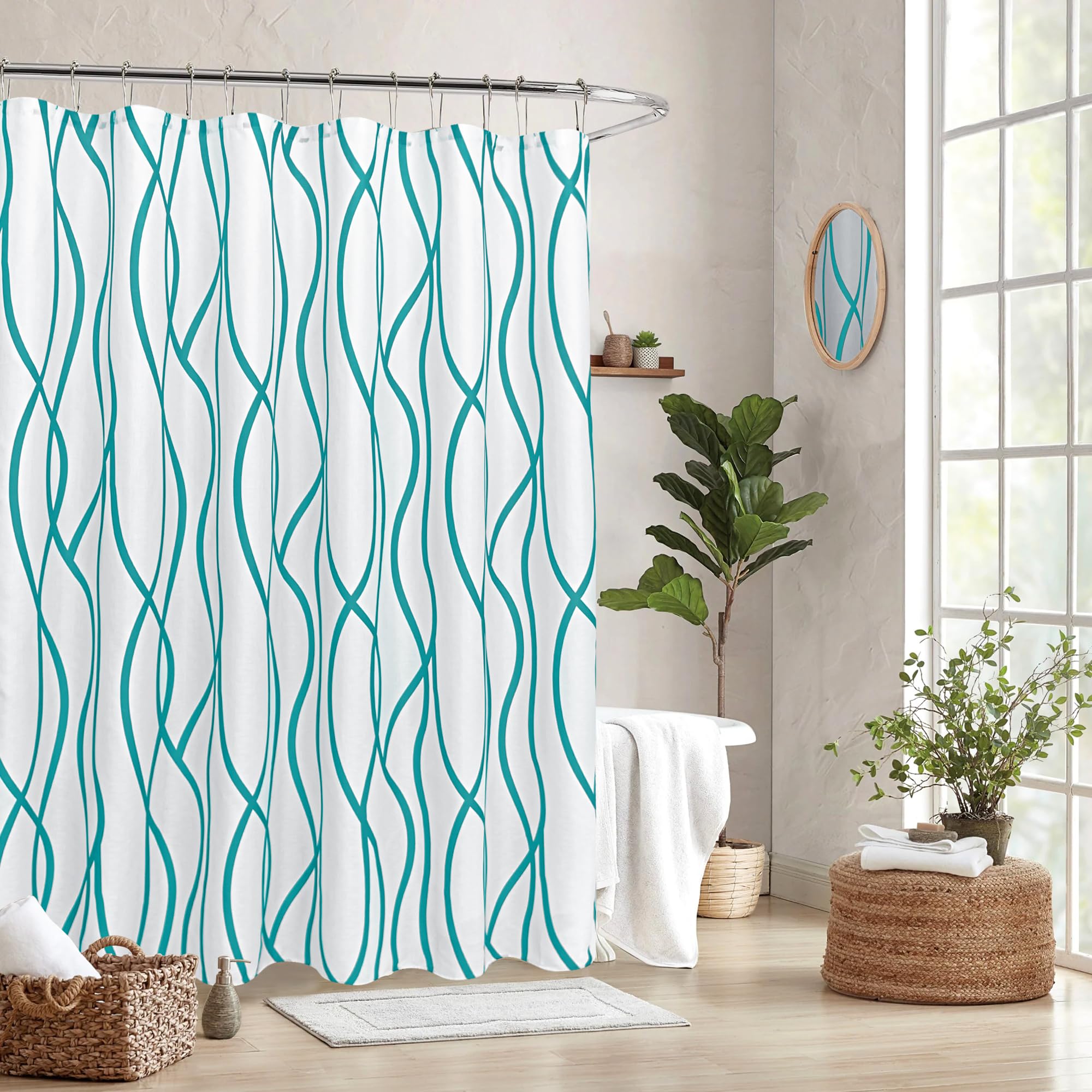 Biscaynebay Textured Fabric Shower Curtain, Printed Dancing Bathroom Curtains, Turquoise 72 Inches Width by 84 Inches Length