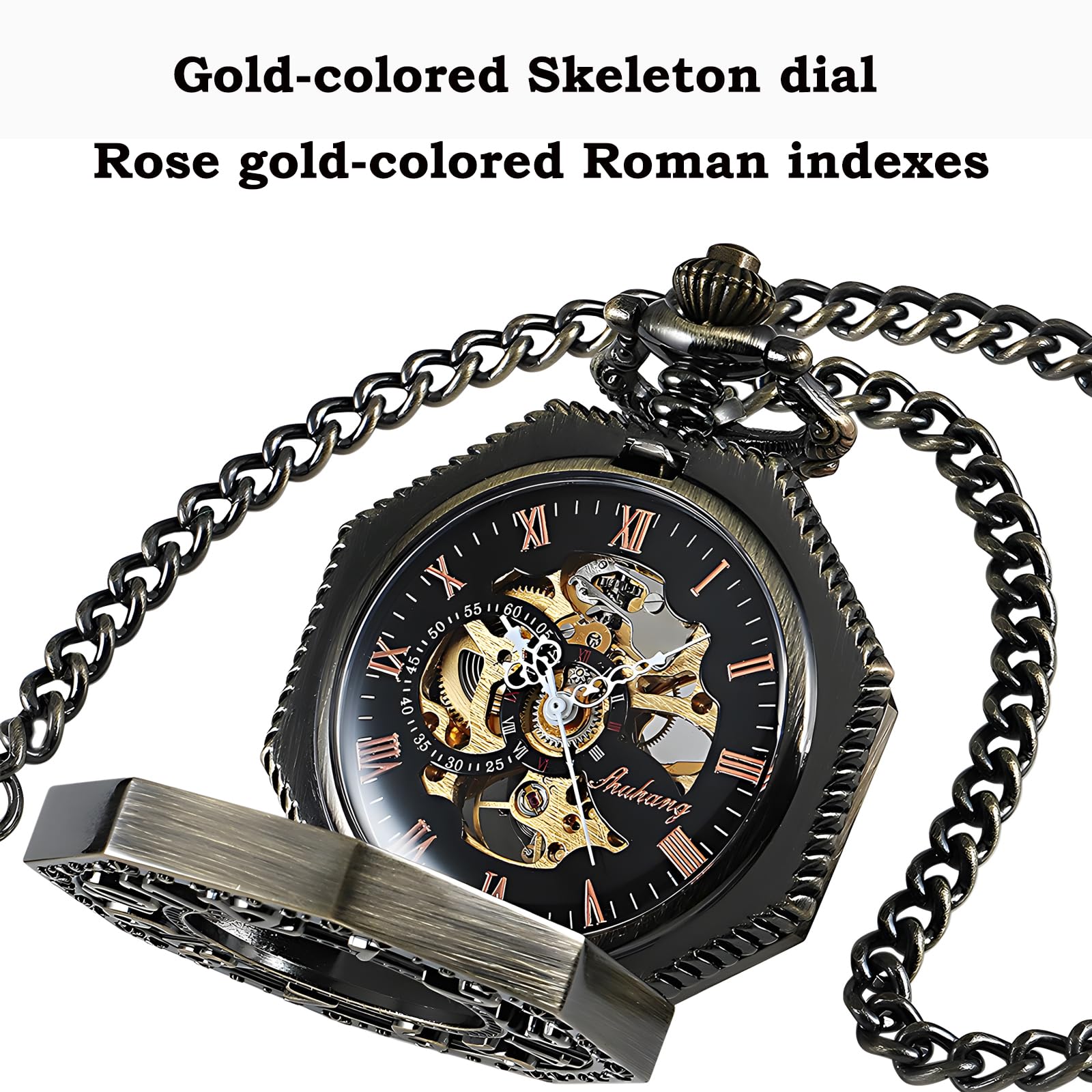 Carrie Hughes Men's Pocket Watch, Vintage Railroad Mechanical Hand Winding Pocket Watch with Chain, Bronze Numerals Octagon Steampunk Pocketwatch, Lucky Gifts for Men CHPW02