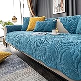 XSlive Palm Leaves Sofa Couch Cover Chenille Plush Quilted Sectional Couch Cover 1-Piece Non Slip Soft Sofa Slipcover Furniture Protector for Pets Kids Children Dog Cat (Blue,28"x28")