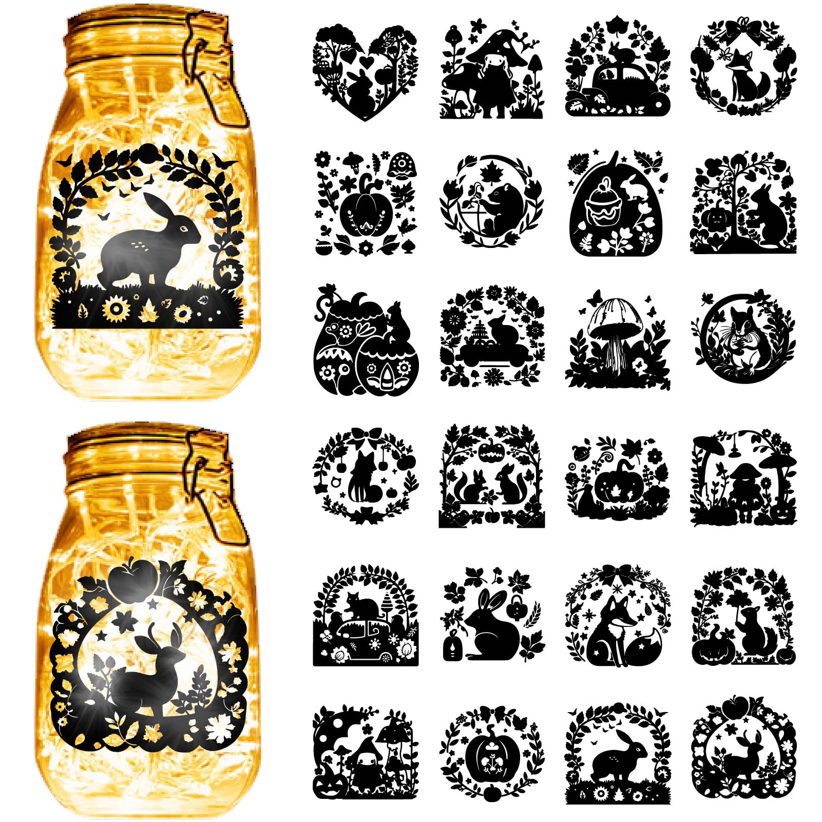 CREATCABIN 24 Pcs 24Styles Halloween Pumpkin Mason Jar Decals Silhouettes Animals Fox Rabbits Cut Cardboard Scrapbook Cutouts Waterproof Stickers for Lantern Jars Water Bottle 7.8x5.9 Inch