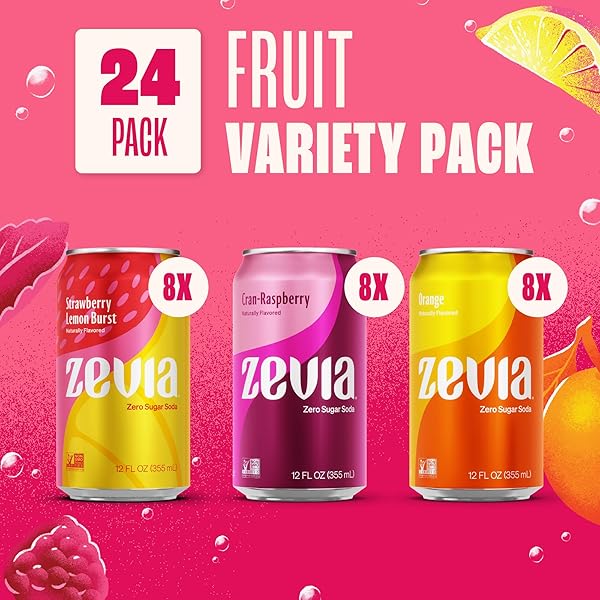 ZEVIA ZERO SUGAR SODA, FRUITY VARIETY PACK, 12 OZ CANS (24-PACK) – NATURALLY SWEETENED, ZERO CALORIE SUGAR FREE SODA – NON-GMO PROJECT VERIFIED, GLUTEN-FREE, VEGAN