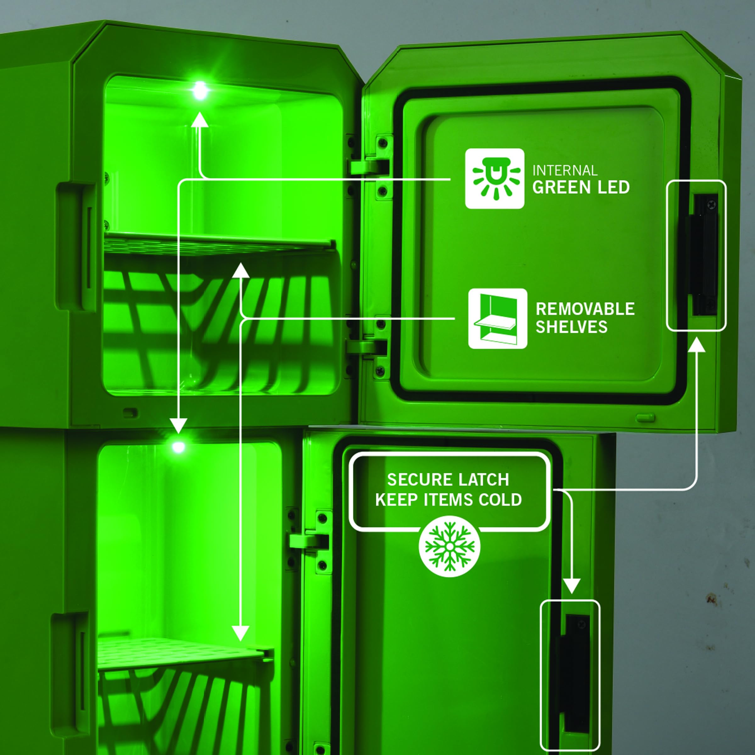 Ukonic Minecraft Legends Creeper Mini Fridge 8L – Holds 12 Cans, LED Lights, AC/DC Thermoelectric Cooler, Removable Shelves, Compact for Dorm, Office, Gaming