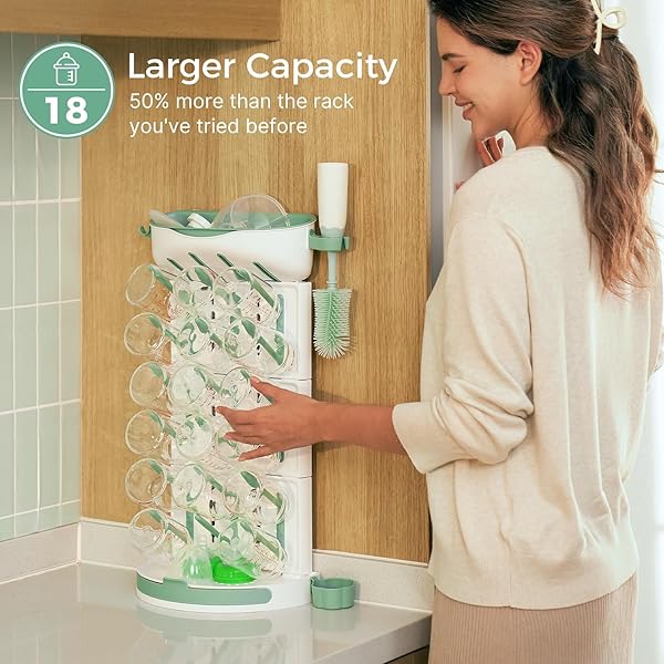 MOMCOZY BABY BOTTLE DRYING RACK FOR 18 BOTTLES, SPACE SAVING COUNTERTOP VERTICAL RACK FOR BABY ACCESSORIES & PUMP PARTS, DETACHABLE TRAVEL DRYING RACK WITH BRUSH HOLDER