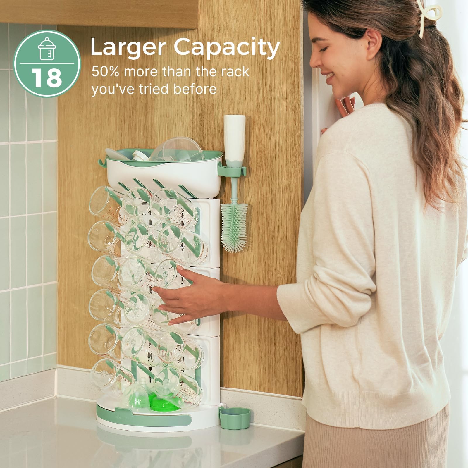Momcozy DIY Larger Bottle Drying Rack for 18 Bottles, Space Saving Countertop Vertical Rack with Brushes Holder, Detachable Travel Bottle Rack for Baby Accessories & Pump Parts