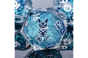KERWELLSI Cat Liquid Core DND Dice Set with Gift Box, 7Pcs Resin Dungeons Sharp Edge D&D Dice, Dragons D and D Role Playing Dice D20 D12 D10 D8 D6 D4, Blue