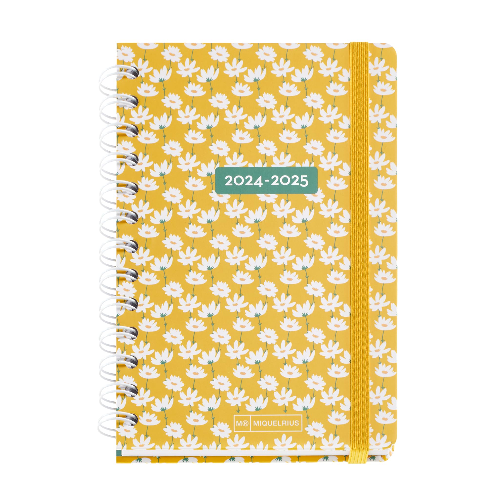 Miquelrius – School Diary 24-25, September 2024 to August 2025, Size 125.5 x 178 mm, Day Page, Double Metal Wire, Lined Cardboard Cover, Rubber Closure, Spanish and English, Margaritas