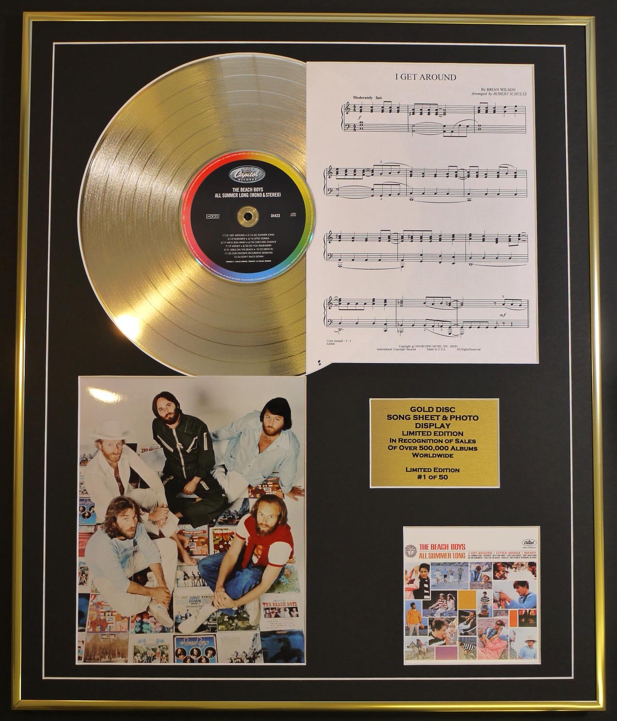 BEACH BOYS/CD GOLD DISC, SONG SHEET & PHOTO DISPLAY/LTD. EDITION/COA/ALBUM, ALL SUMMER LONG/SONG SHEET, I GET AROUND