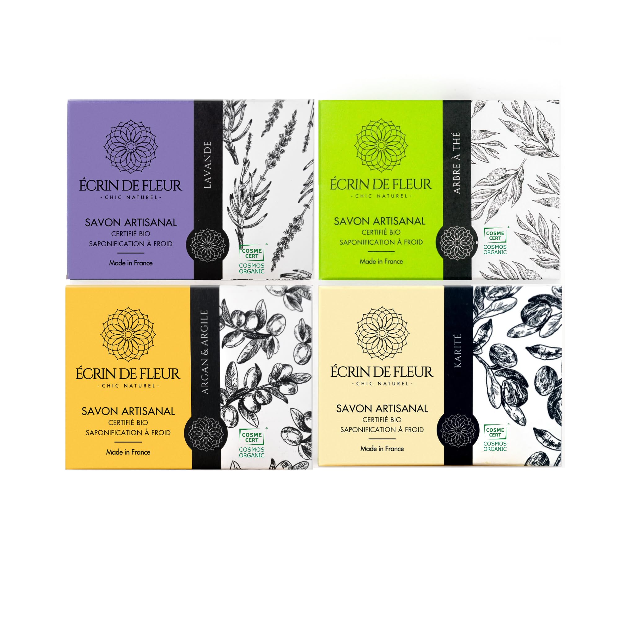 Écrin de Fleur – Organic Soap Gift Set for Women, French Handmade Cold Process Face & Body Bars, COSMOS Organic & Nature et Progrès Certified, 4 x 90g
