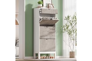 Garvee 3 Flip Drawer Fluted Shoe Storage Organizer, 55in Tall Wooden Cabinet with Metal Legs, Slim Design for Entryway - Whit