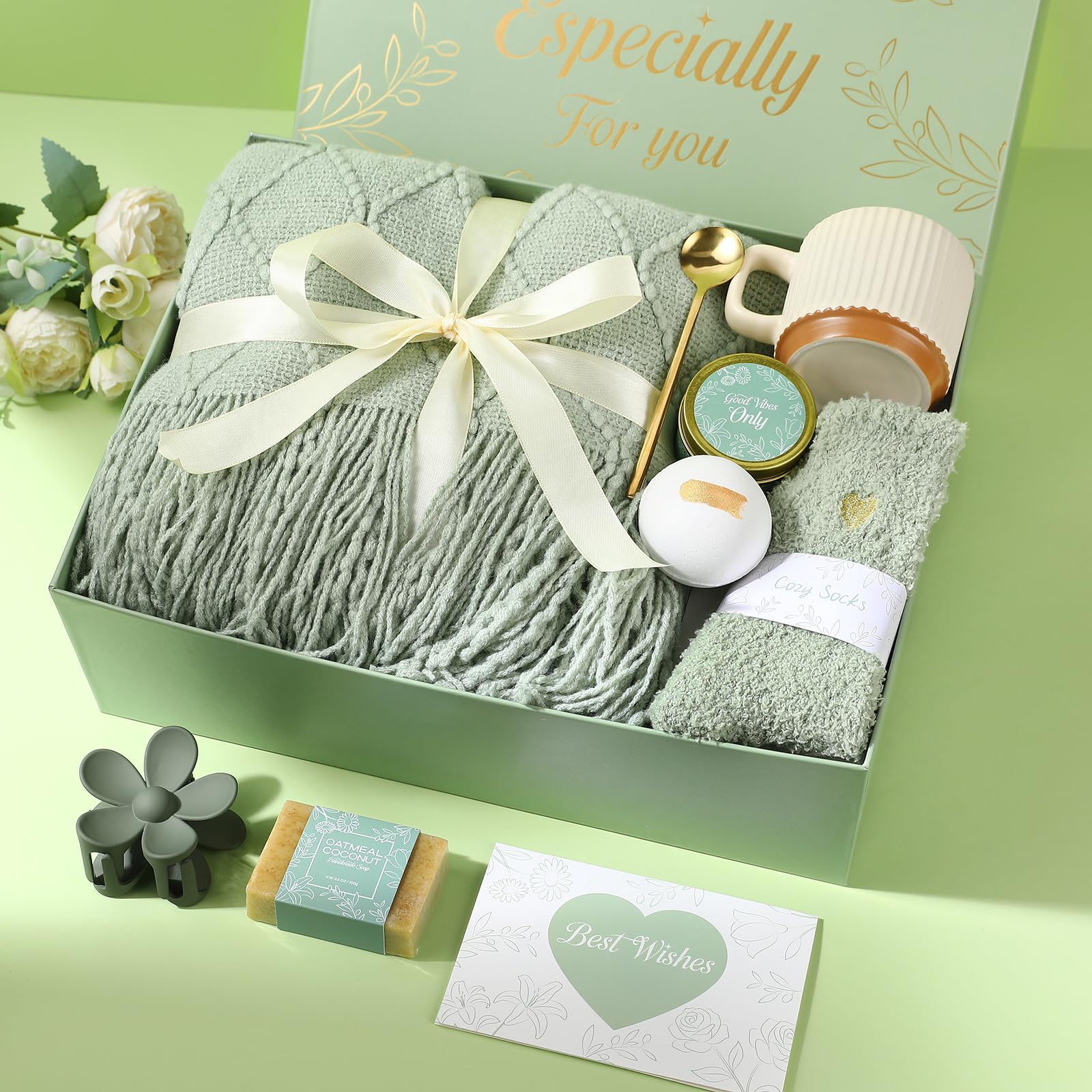 ENJOLLY Get Well Soon Gifts Baskets for Women Self Care Gifts,Birthday Gifts for Women Spa Care Package, Set for Mom Wife Girlfriend Sister Best Friend (Green)