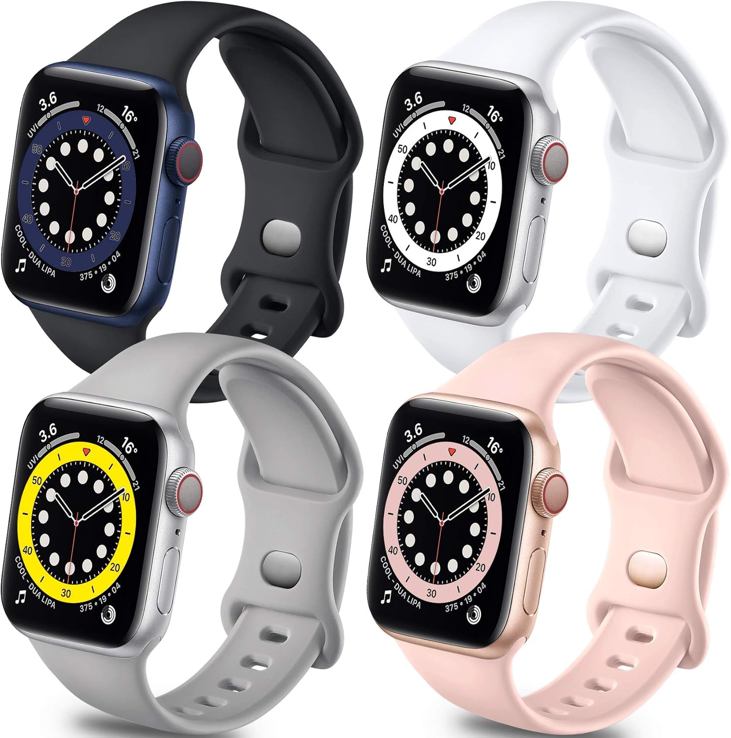 Getino Band Compatible with Apple Watch 40mm 38mm iWatch SE & Series 6 5 4 3 2 1, Stylish Soft Silicone Breathable Replacement Strap for Women Men, 4 Pack, Black, Pink Sand, Pebble Gray, White, S/M