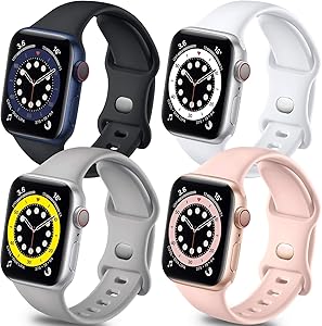 Getino Band Compatible with Apple Watch 40mm 38mm iWatch SE & Series 6 5 4 3 2 1, Stylish Soft Silicone Breathable Replacement Strap for Women Men, 4 Pack, Black, Pink Sand, Pebble Gray, White, S/M