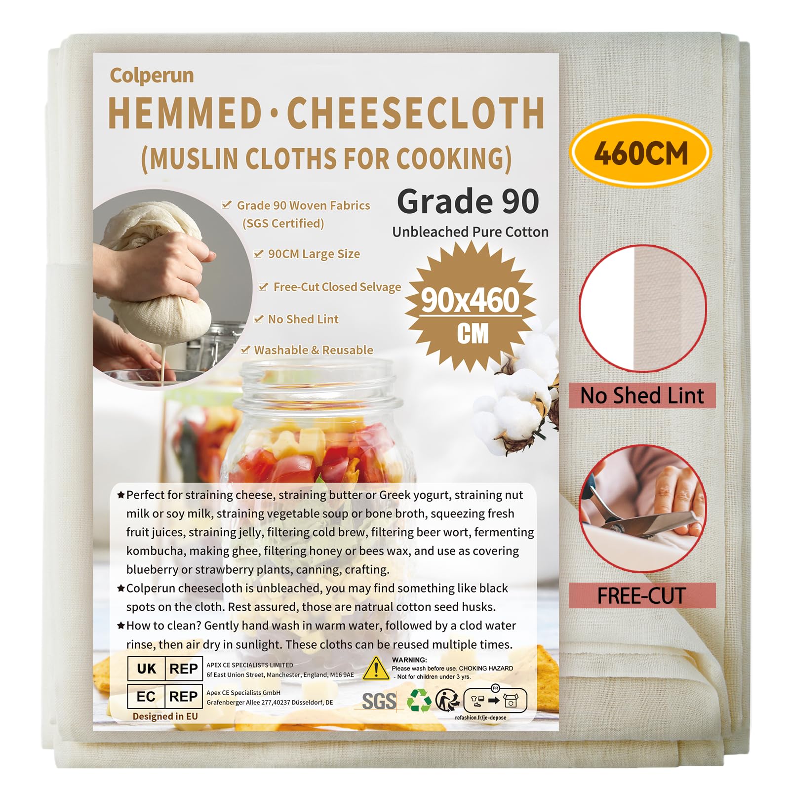 Colperun Cheese Cloths for Straining, 90x460cm, Grade 90, Muslin Cloths for Cooking Reusable Cheesecloth, Unbleached Cotton Large Cheese Cloth Roll Muslin Fabric Strainer for Baking, Butter, Crafts