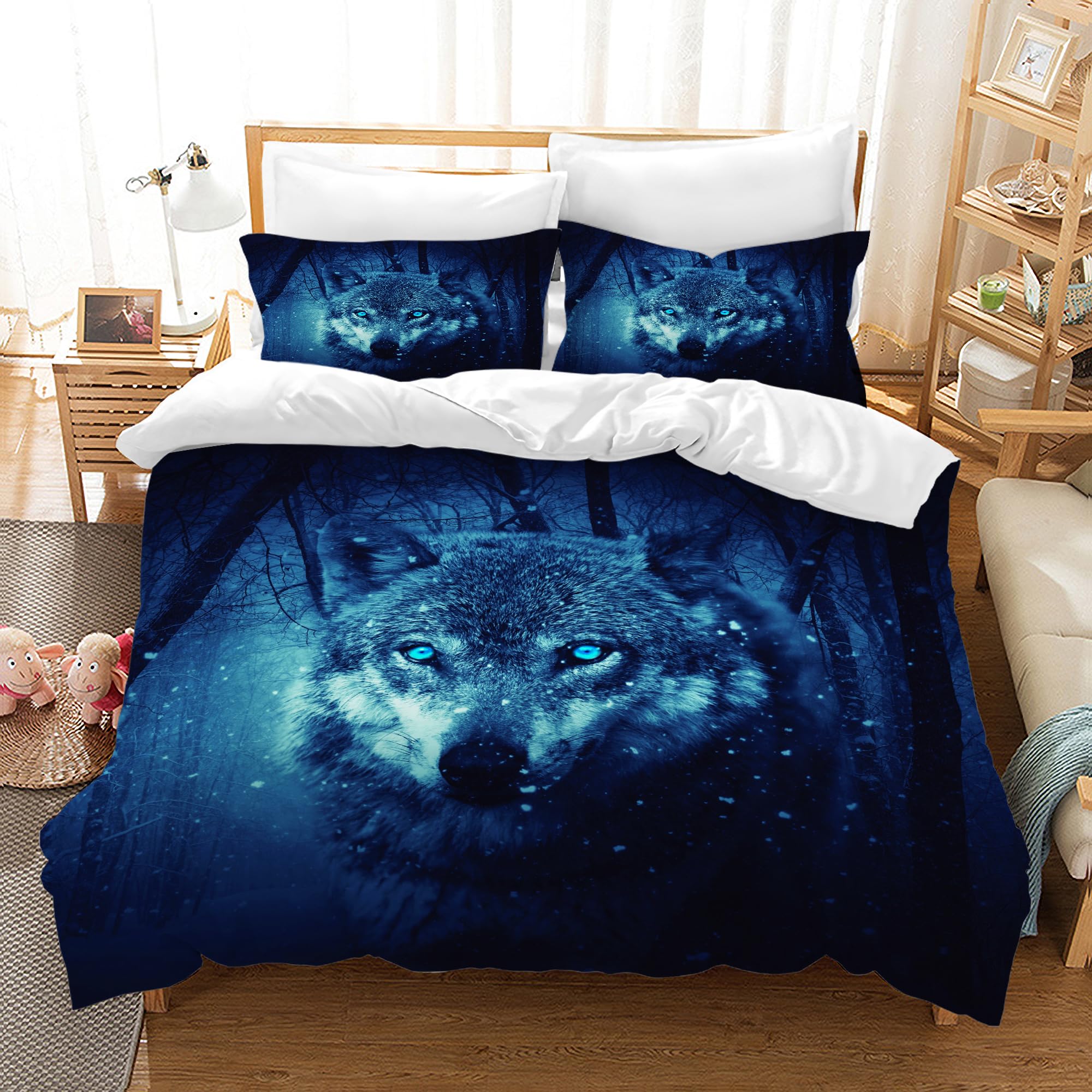 Wolf Duvet Cover Microfiber Bedding Set,3D Print Size Duvet Quilt Cover&Pillowcase With Zipper Closure,Winter Soft Duvet Cover for Men Woman Kids (Snow Wolf - Blue, Single)
