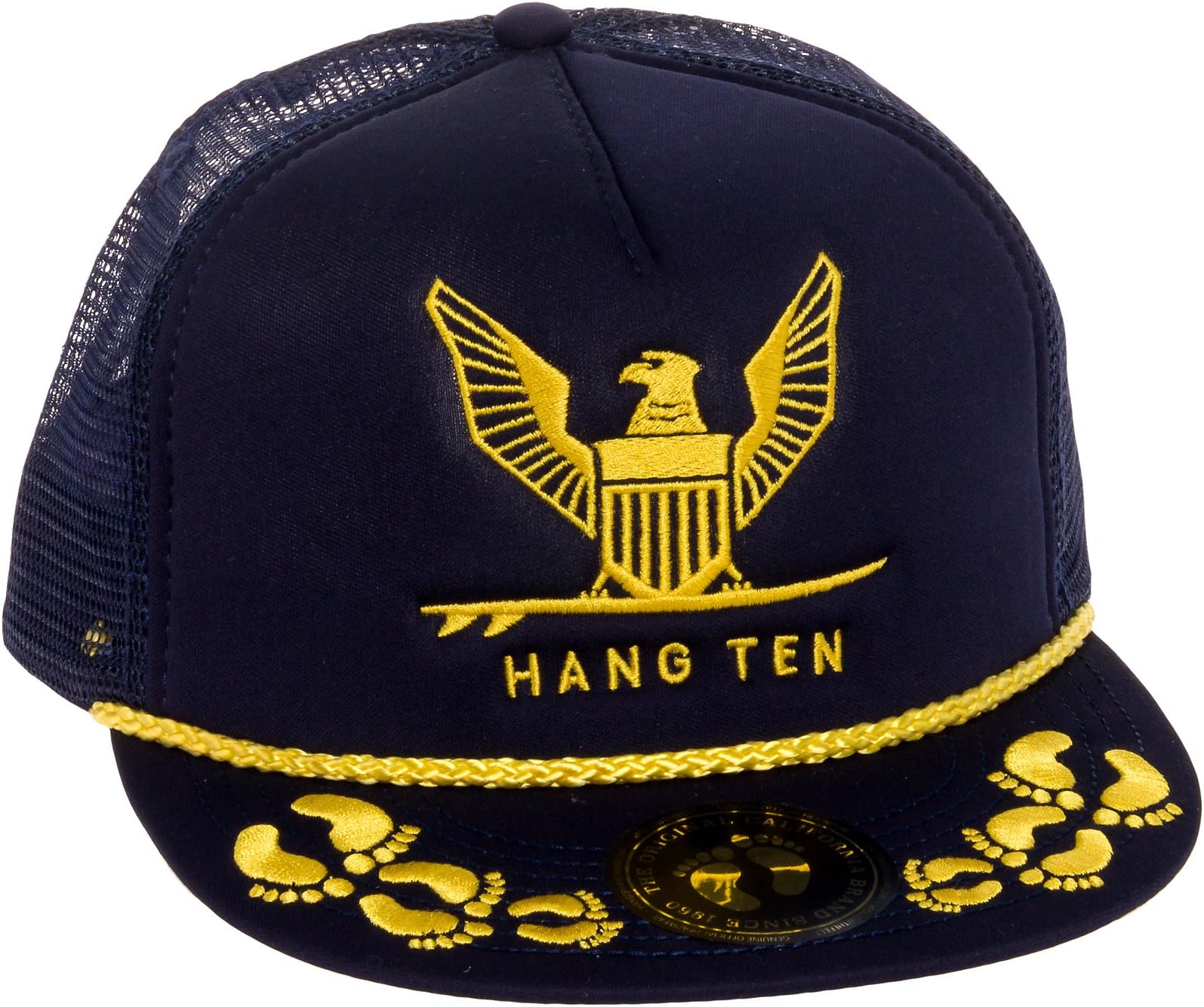 Hang Ten Mens Flat Brim Snapback Trucker Hat w/Satin Rope (Navy)