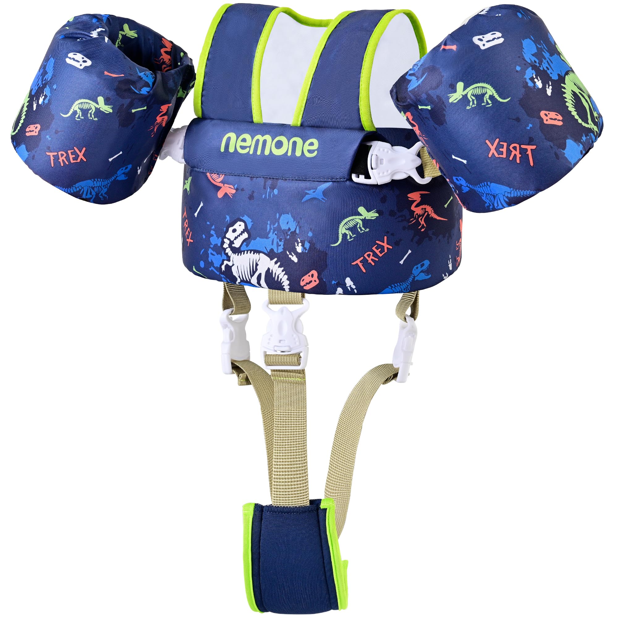 NEMONE Toddler Swim Vest for 22-70 lbs Kids Floaties Swim Jacket with Arm Water Wings for Girls Boys 2 3 4 5 6 7 Years Old Sea Beach Pool (Black Dinosaur with Crotch Strap) Image