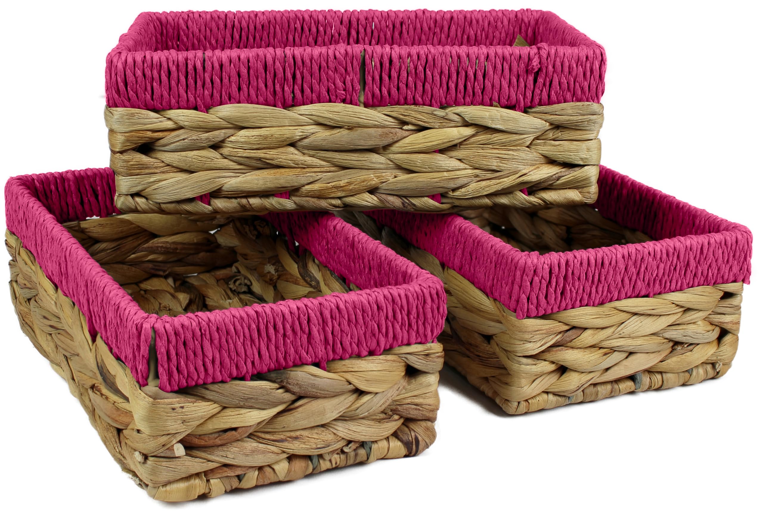 Rectangular Water Hyacinth Small Basket for Storage - Natural & Pink Wicker Basket Shelves - Open Decorative Gift Box - Mini Tray for Makeup, Kitchen Organiser (24cm, Pack of 3)
