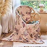 WOFNA Boho Butterfly Throw Blanket 50"x60" Couch Blanket,100% Cotton Reversible Soft Breathable Lightweight Decorative Blankets with Tassels for Sofa Bed Decor All Season