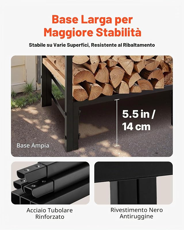 Portalegna con Copertura Impermeabile, Portalegna in Metallo per Esterni, 1220 x 320 x 1180 mm, Carico Massimo 181,4 kg, Copertura Parziale, Verniciato a Polvere, per Patio, Veranda