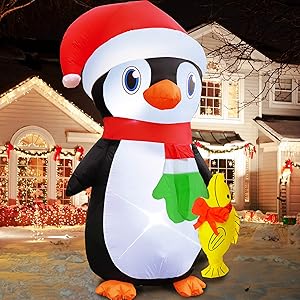 TURNMEON 6 Feet Christmas Inflatables Outdoor Decorations Santa Penguin Holds Fish with Tethers Stakes LED Lights Blow Up Christmas Decoration Holiday Yard Outdoor Decor Lawn Garden Home Party