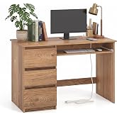 DREAMADE 42" Computer Desk with 3 Drawers and Keyboard Tray, Natural | Wood Study Desk with Storage, Built-in Charging Station &amp; Slide Out Tray, Writing Table for Home Office Studyroom &amp; Bedroom