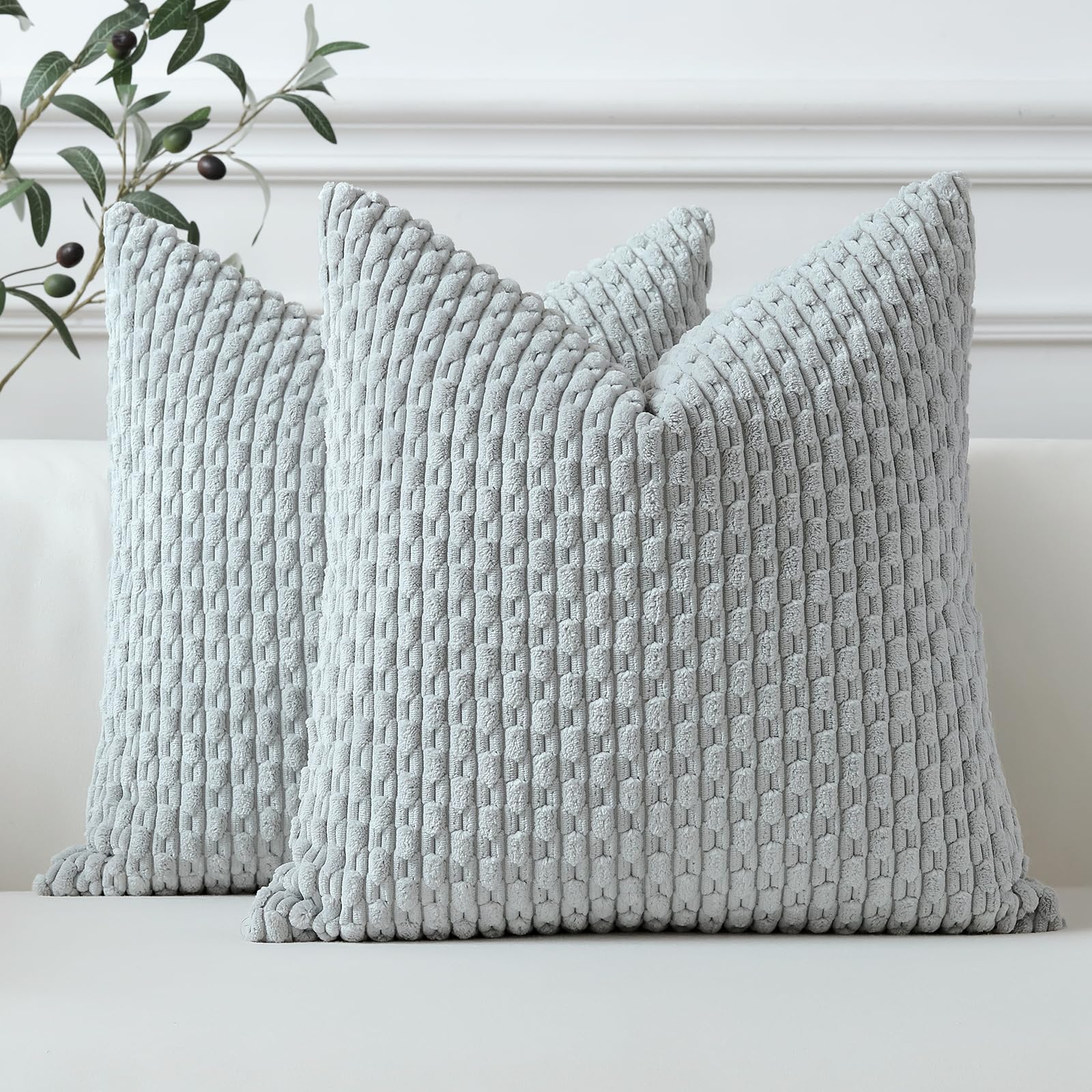 Sungeek Set of 2 Light Grey Soft Corduroy Decorative Cushion Covers Boho Striped Throw Pillow Covers for Sofa Couch Living Room Patio Farmhouse Home Decor Pillowcases 55x55cm