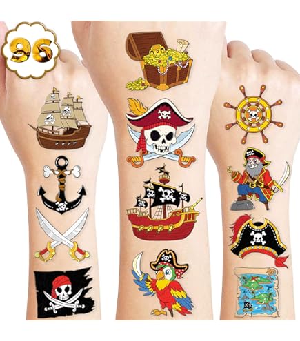 100 Tatuajes De Pirata Con Brillos Para Niños – 16 Hojas De Diseños Metálicos, Ideales Para Fiestas Y Bolsas De Regalo