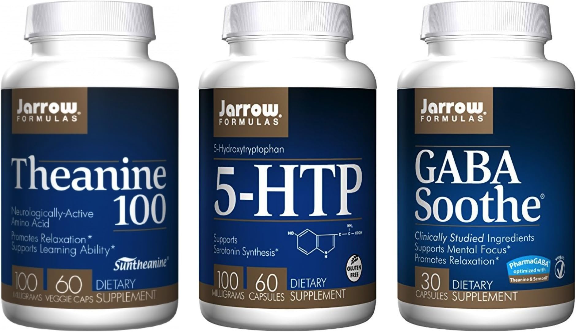Jarrow Formulas Supplement Bundle (3 Items) – Theanine 100 + 5-HTP + GABA Soothe