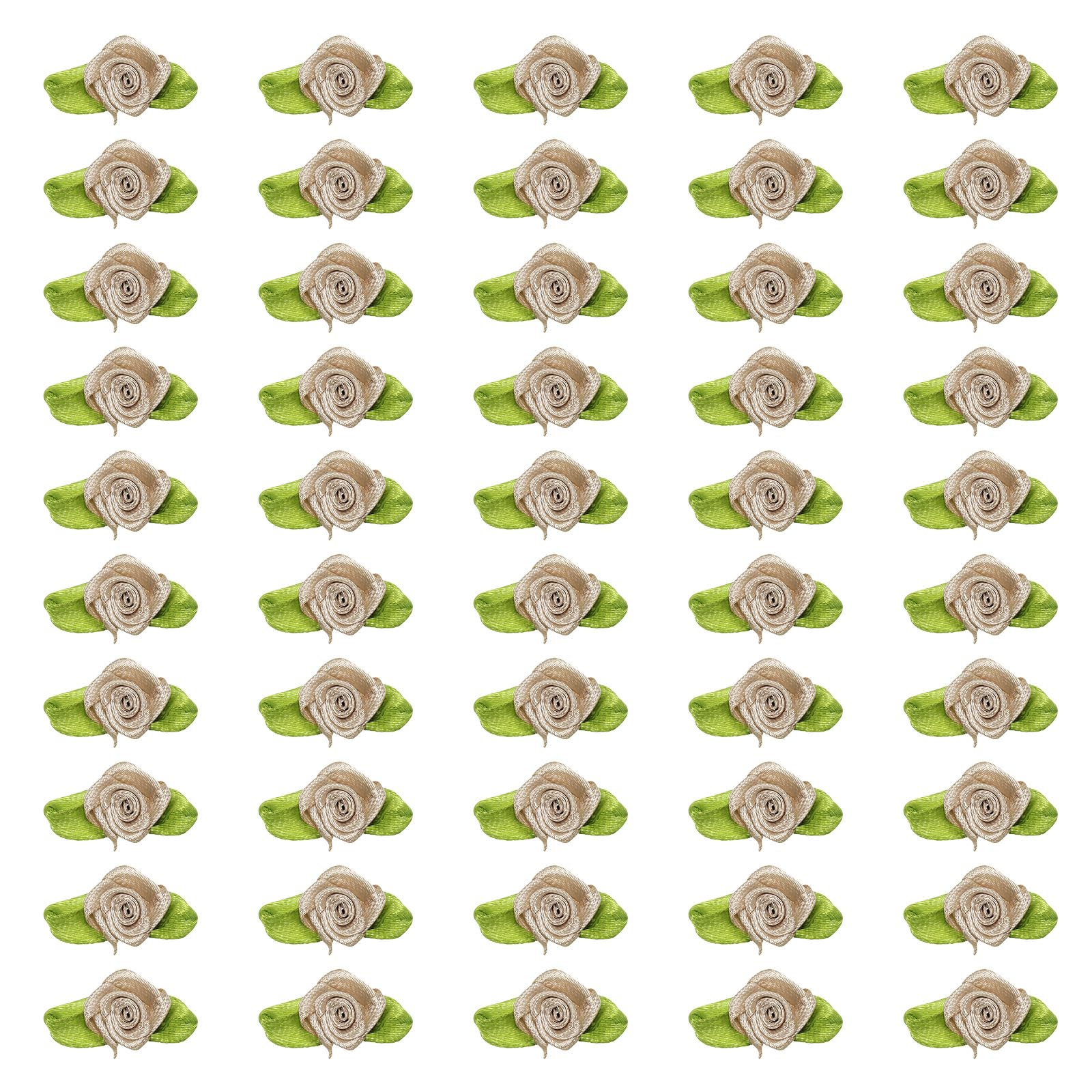 PATIKIL 15mm Tiny Satin Ribbon Rose, 100 Pcs Fabric Flowers Embellishments Rosettes Applique with Green Leaves for DIY Crafts Wedding Decor, Beige