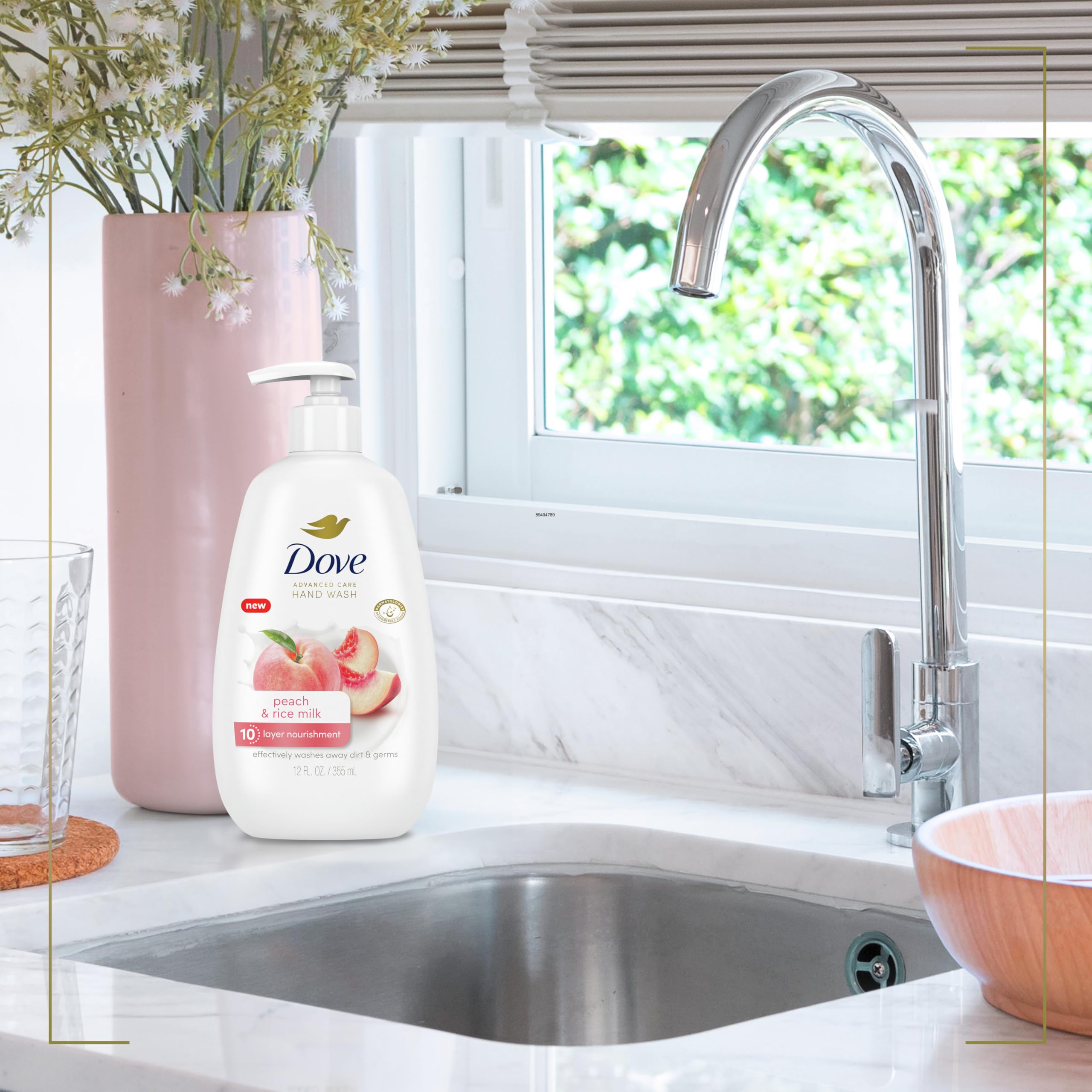 Dove Advanced Care Hand Wash Peach & Rice Milk 4 Count for Washing Away Dirt & Germs While Nourishing Skin 10 Layers Deep, with Moisture Boost 5X Complex